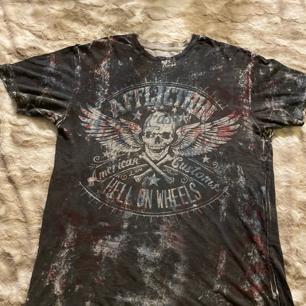 Affliction Black and Red Short Sleeve Tee with Skull Graphic